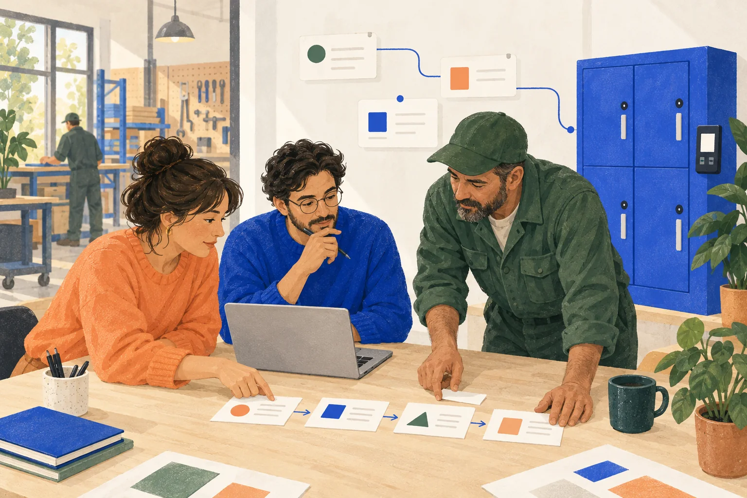 Three people map out a workflow around a laptop, beside a workshop and a connected locker cabinet.