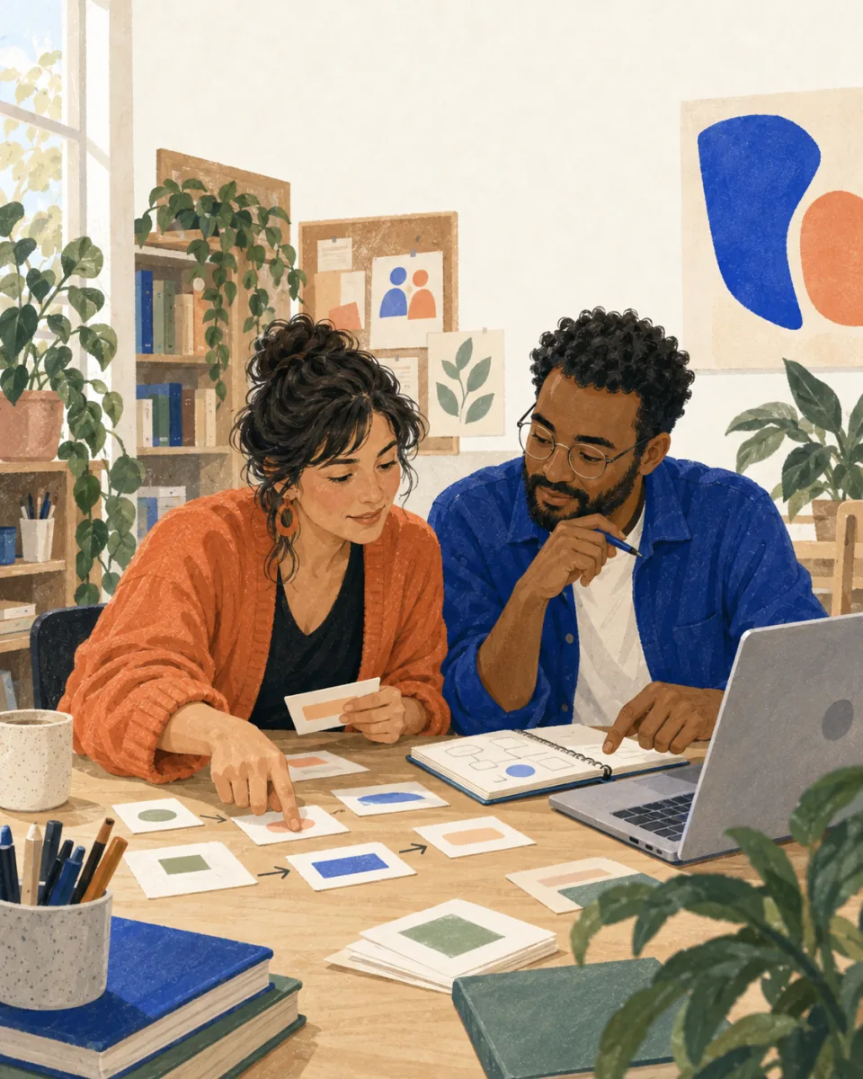 Two people build a simple solution together around a table.